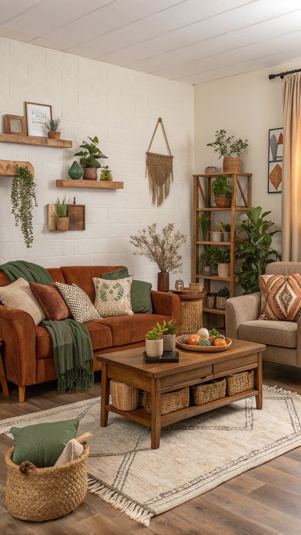 mesa baja inspiracion boho y estanteria estrecha de madera