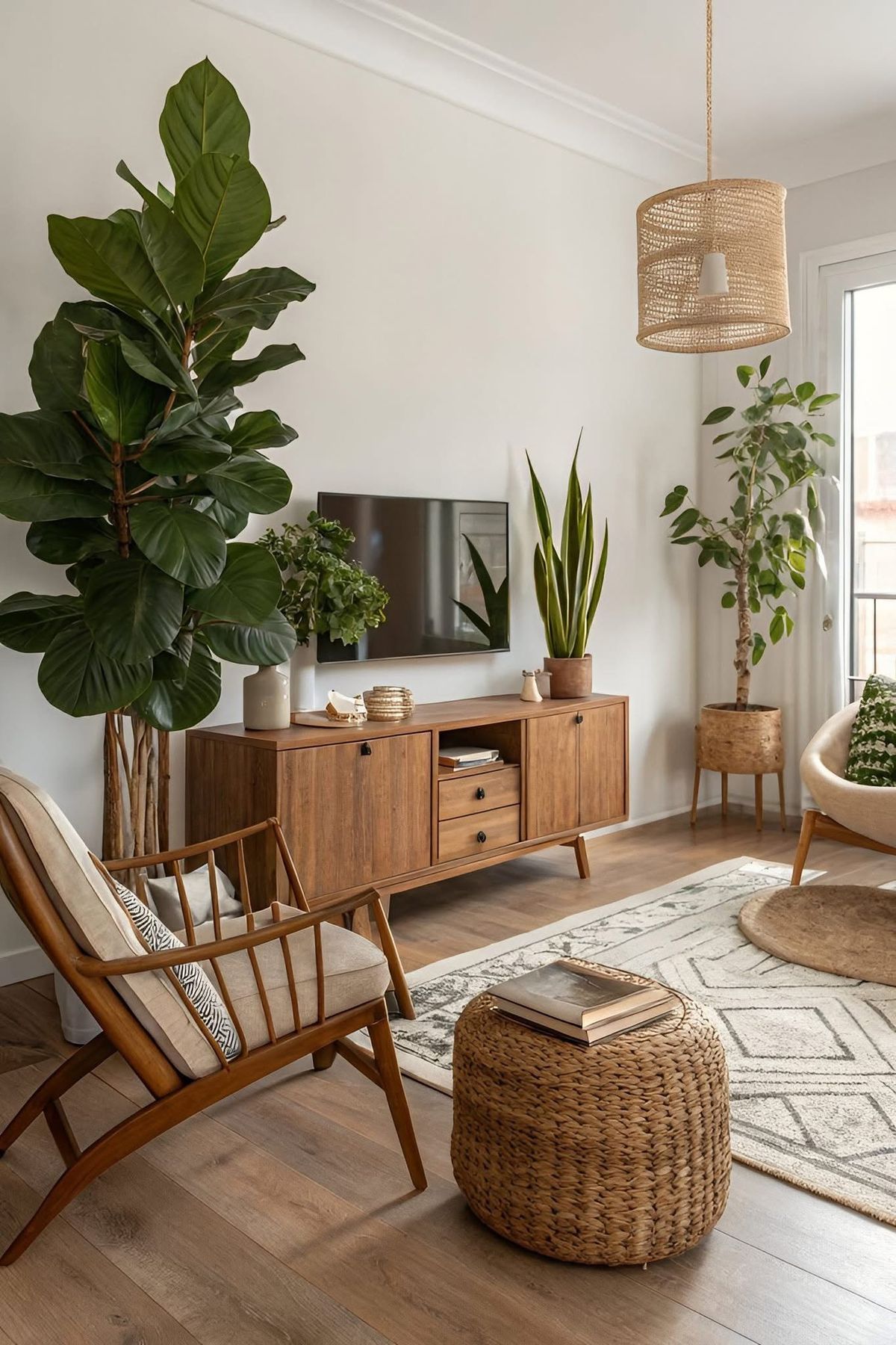 mueble comedor de madera y consola estilo boho