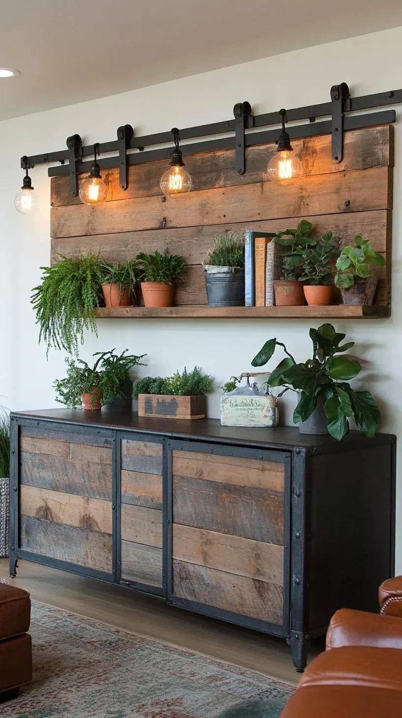 mueble comoda y balda de madera industrial con iluminacion