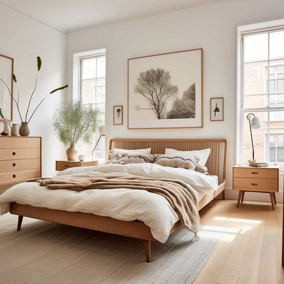 cabezal de cama de madera y rattan