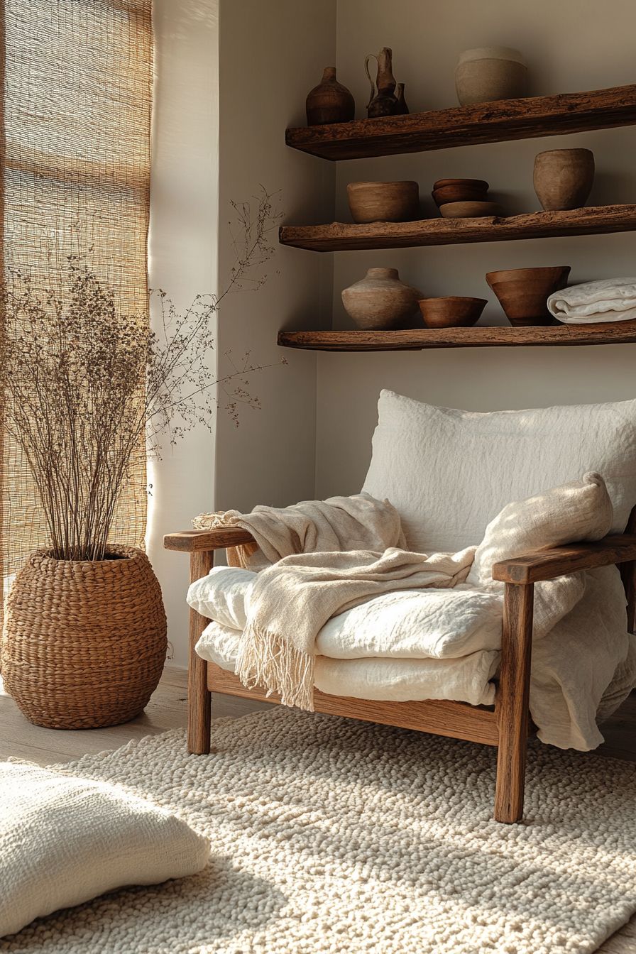 sillon bajo de madera de mango y lino wabisabi